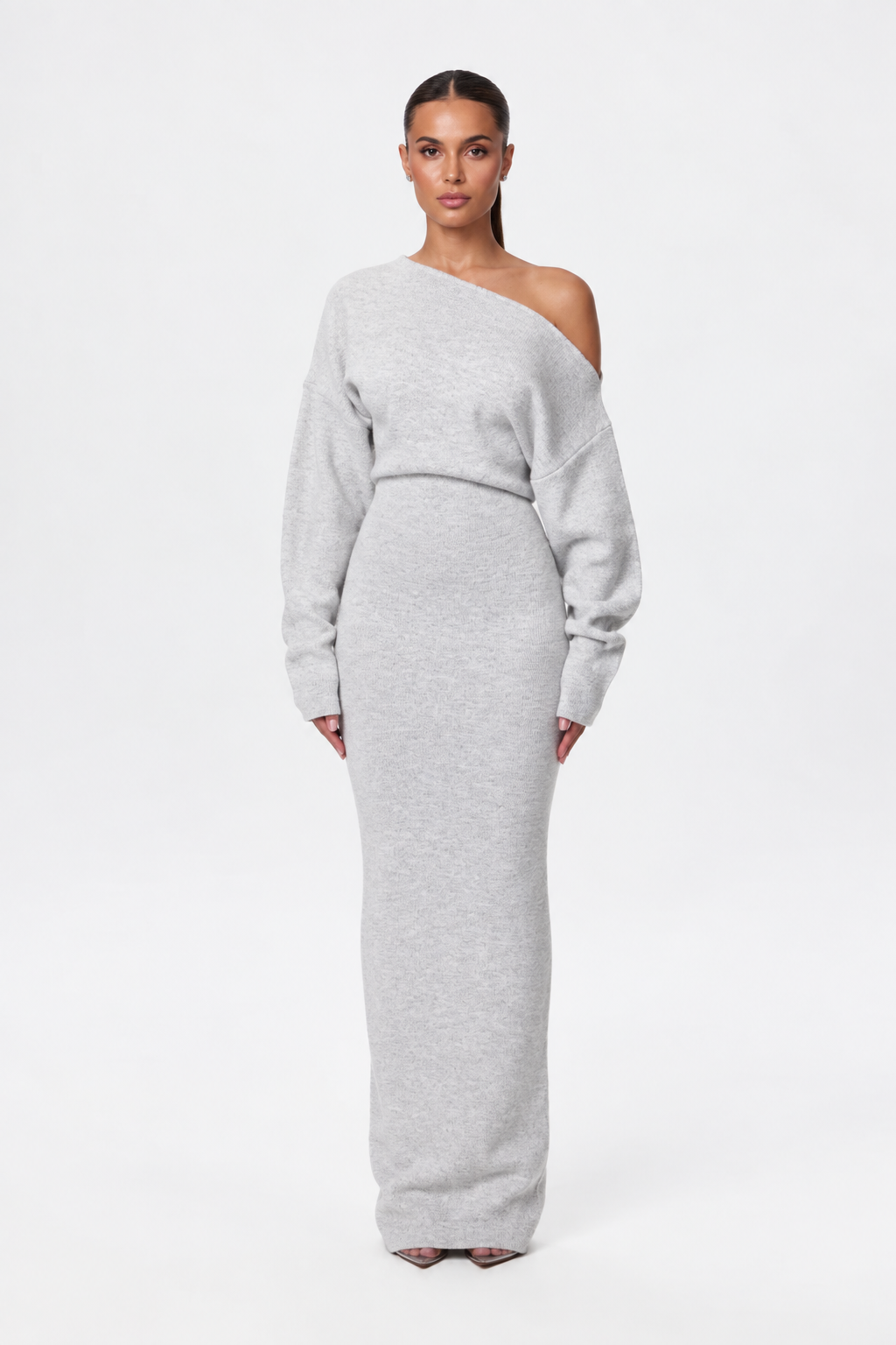 Elise Mode Dames Gebreide Maxi Jurk Off-Shoulder in Grijs