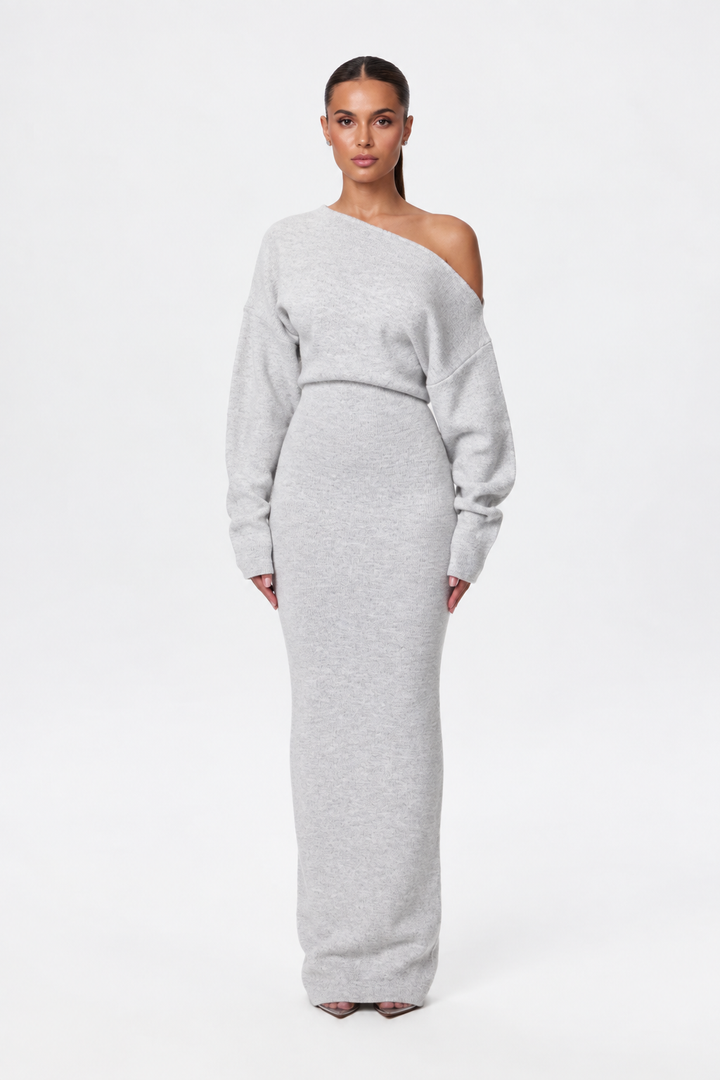Elise Mode Dames Gebreide Maxi Jurk Off-Shoulder in Grijs