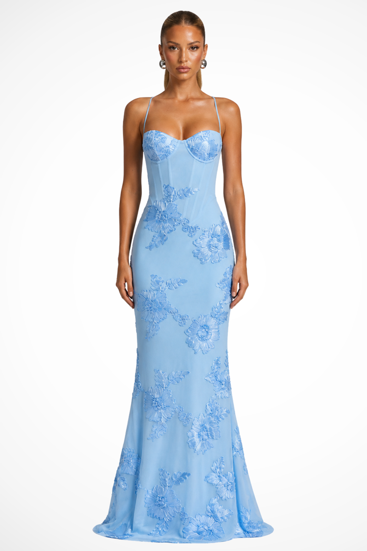 Elise Mode Geborduurde Corset Maxi Jurk in Blauw