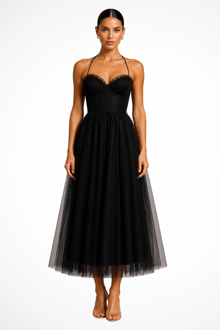 Elise Mode Tule Midi Jurk Corset in Zwart