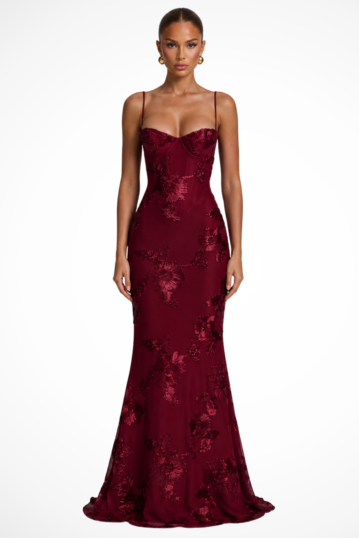 Elise Mode Geborduurde Corset Maxi Jurk in Bordeauxrood