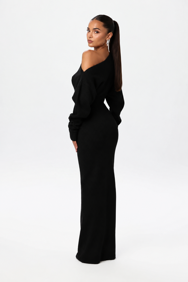 Elise Mode Dames Gebreide Maxi Jurk Off-Shoulder