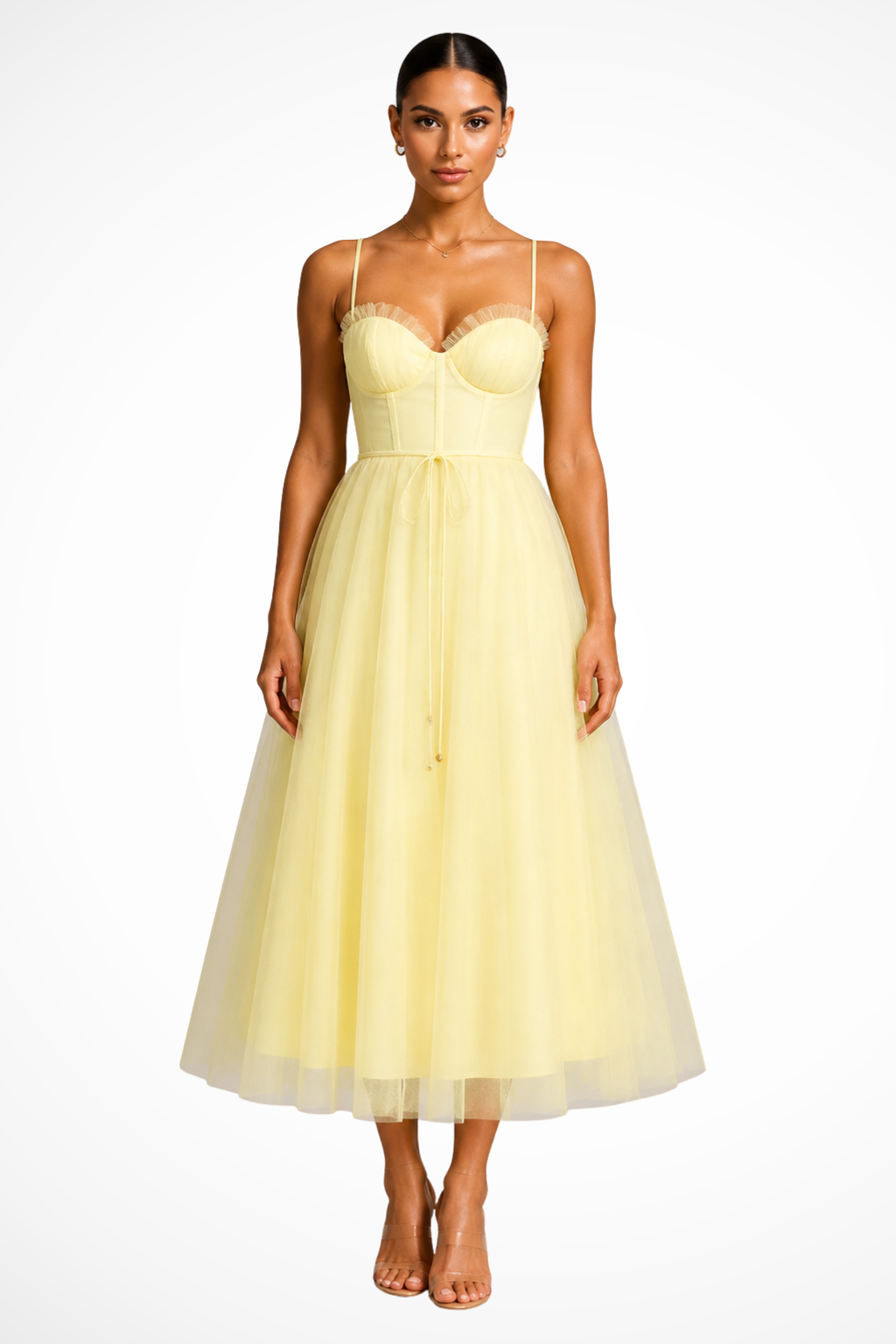 Elise Mode Tule Midi Jurk Corset in Geel