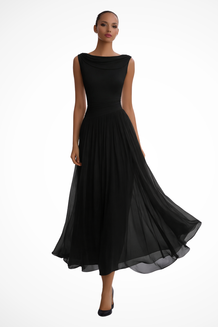 Elise Mode Geplooide Midi Jurk in Black