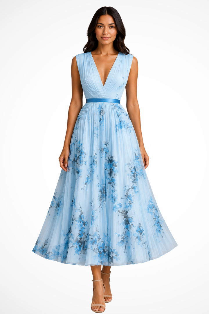 Elise Mode Dames Getailleerde Midi Jurk Bloemenprint in Blauw