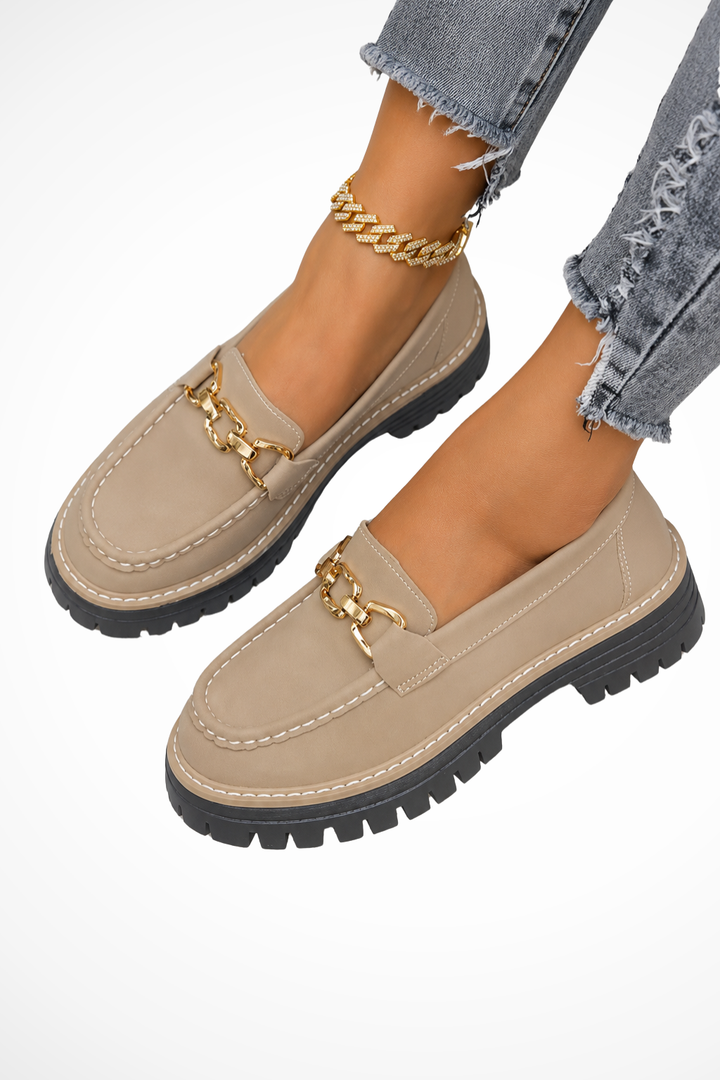 Elise Mode Dames Chunky Loafers met Ketting in Kaki