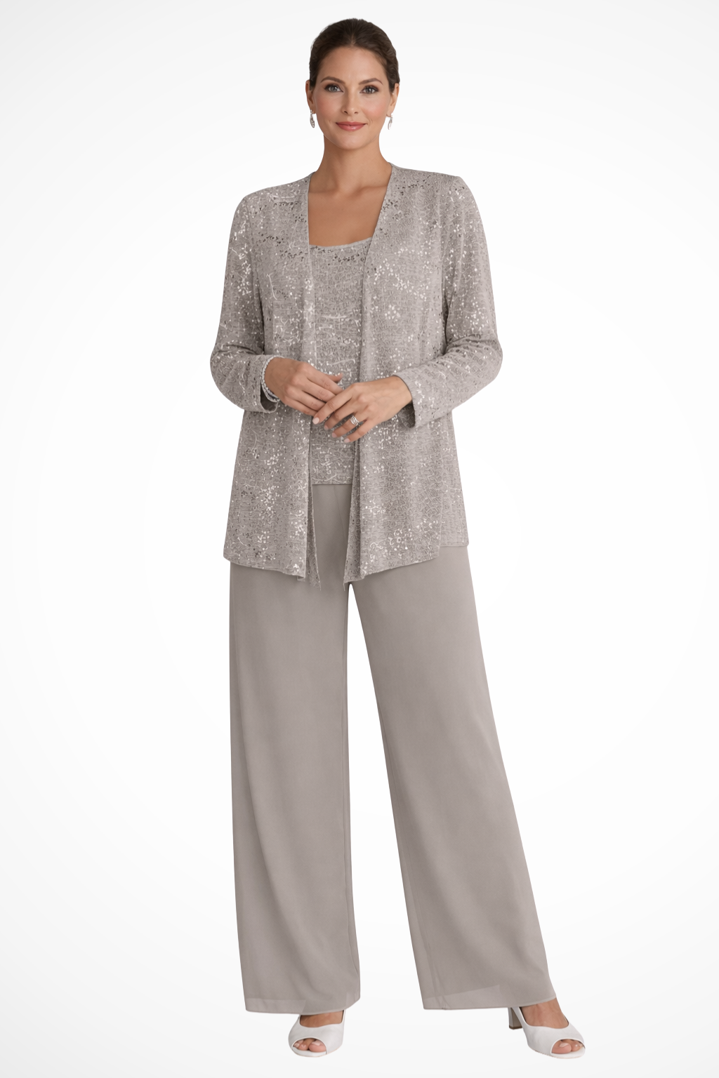 Elise Mode Dames Pailletten Broekpak Getailleerd in Taupe