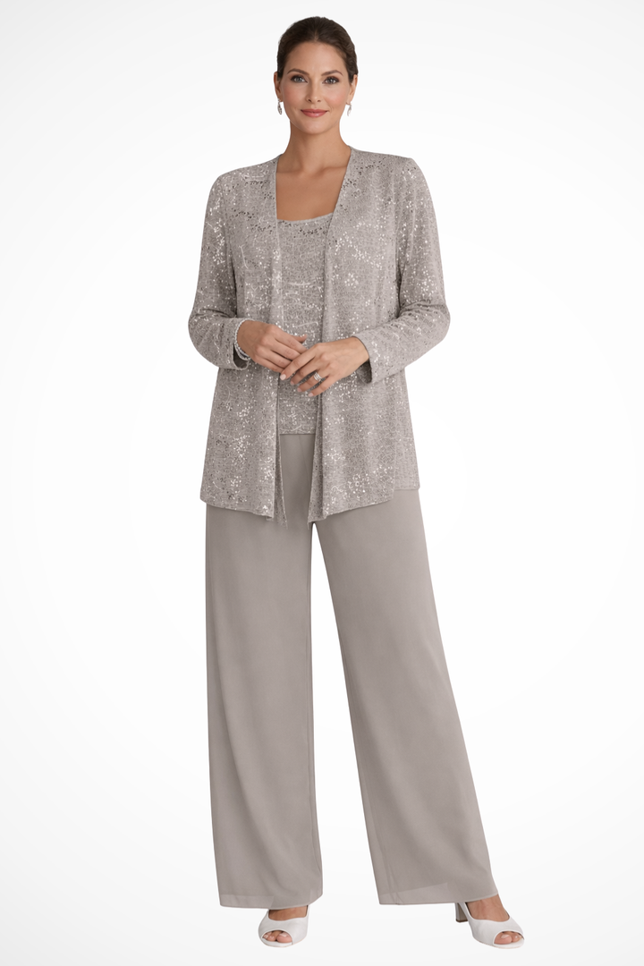 Elise Mode Dames Pailletten Broekpak Getailleerd in Taupe