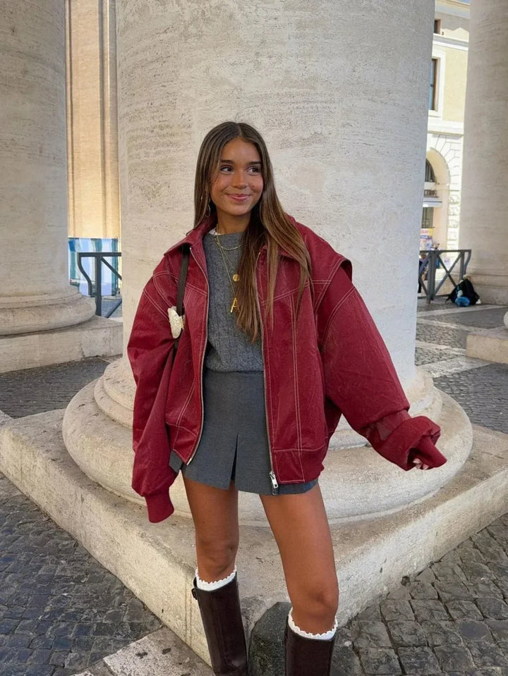Elise Mode Dames Oversized Bomberjack Leren Look in Rood