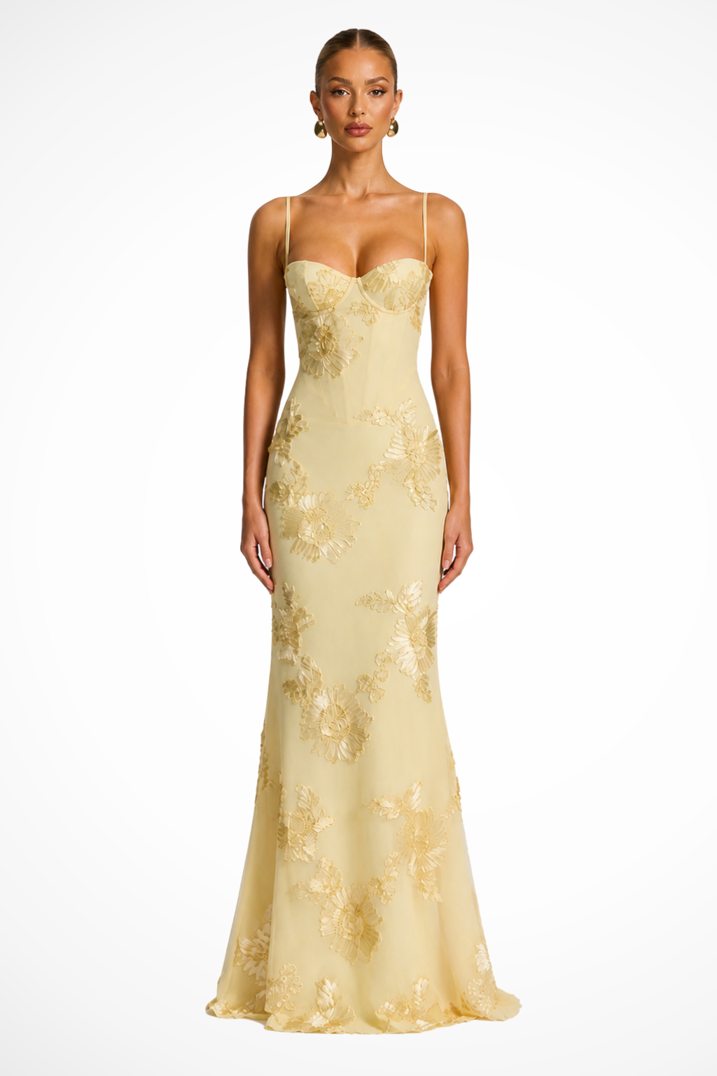 Elise Mode Geborduurde Corset Maxi Jurk in Geel