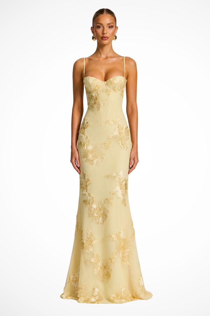 Elise Mode Geborduurde Corset Maxi Jurk in Geel