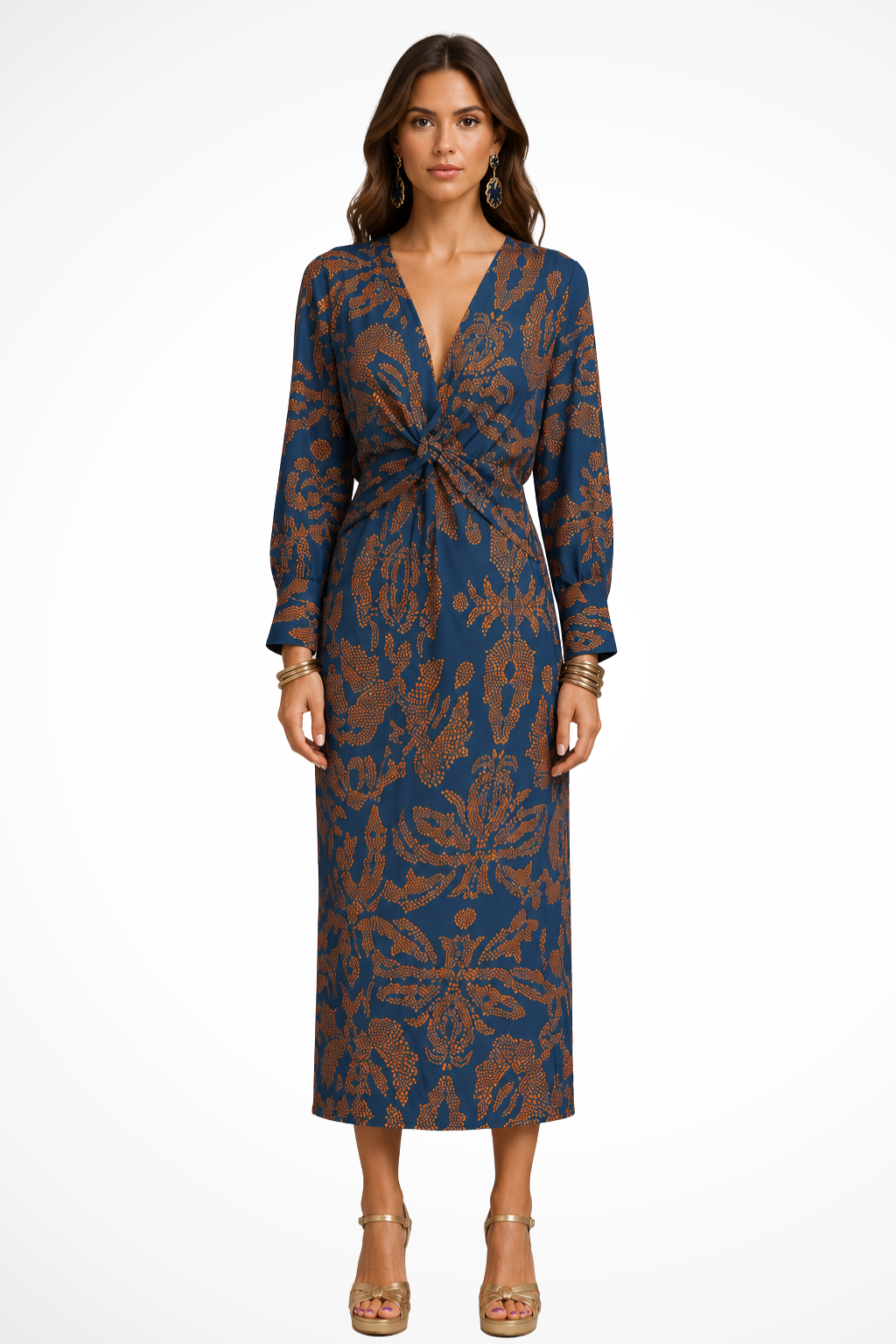 Elise Mode Dames Getailleerde Midi Jurk Print in Blauw