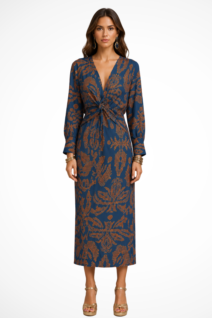 Elise Mode Dames Getailleerde Midi Jurk Print in Blauw