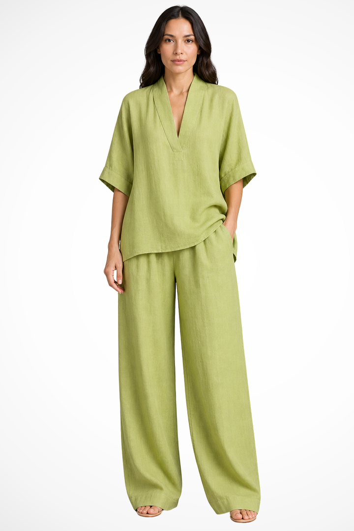 Elise Mode Dames Linnen Co-Ord Set Relaxed in Groen