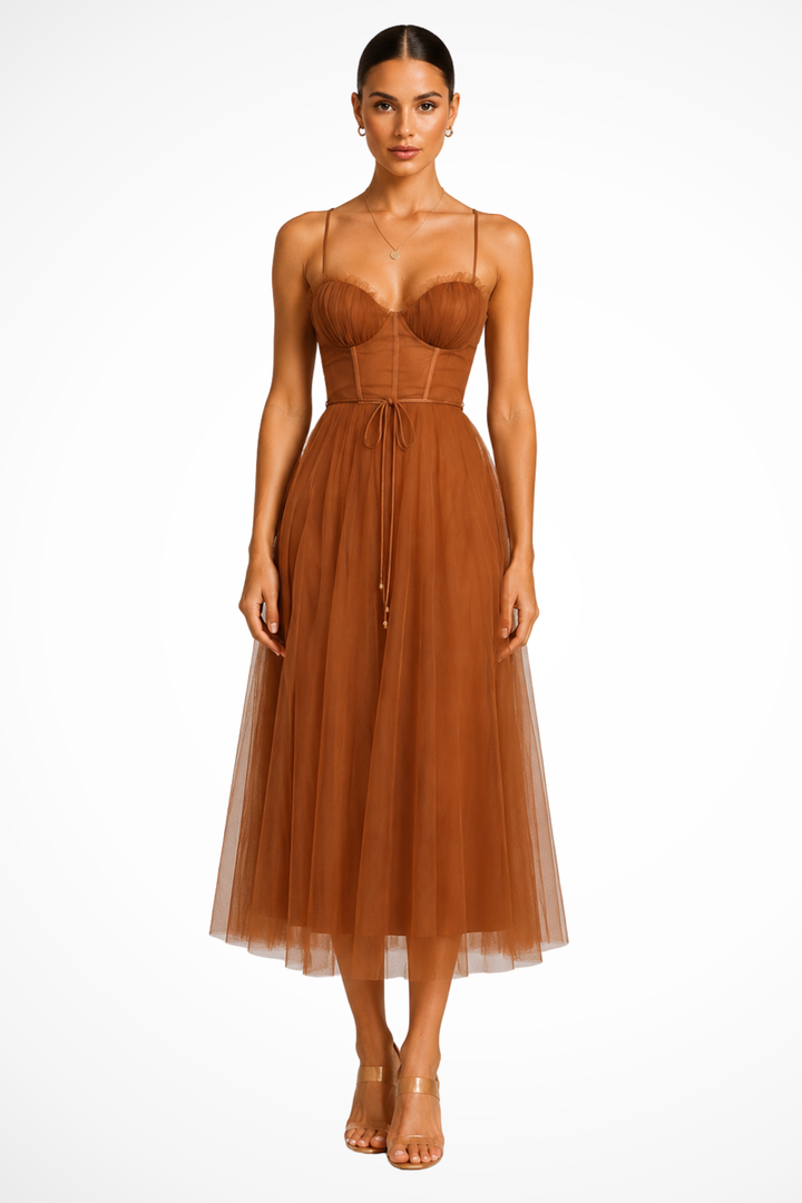 Elise Mode Tule Midi Jurk Corset in Bruin