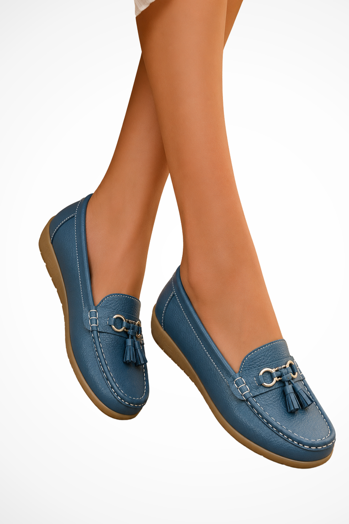 Elise Mode Dames Leren Loafers met Kwastjes in Blauw