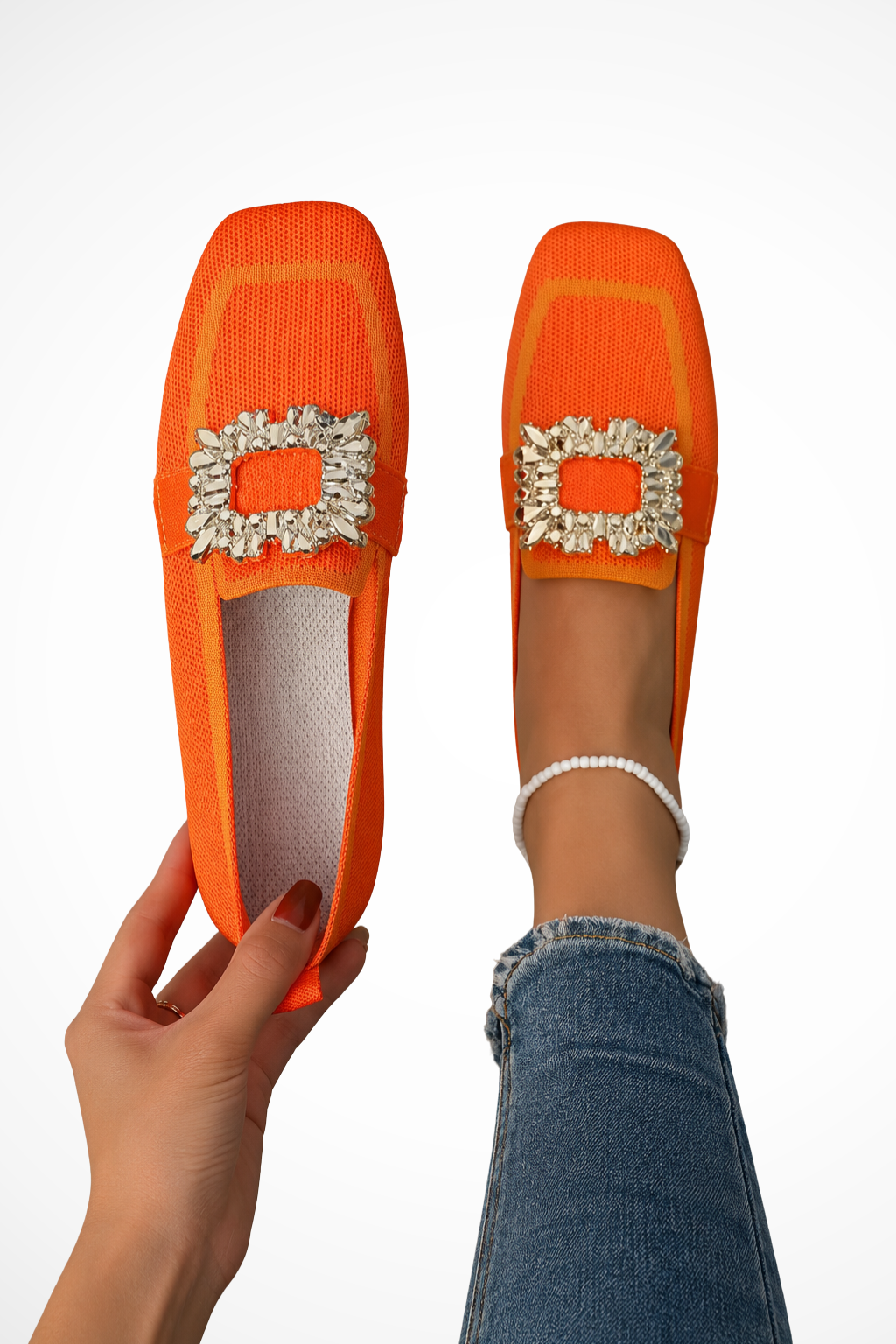 Elise Mode Dames Verfraaide Loafers Vierkante Neus in Oranje