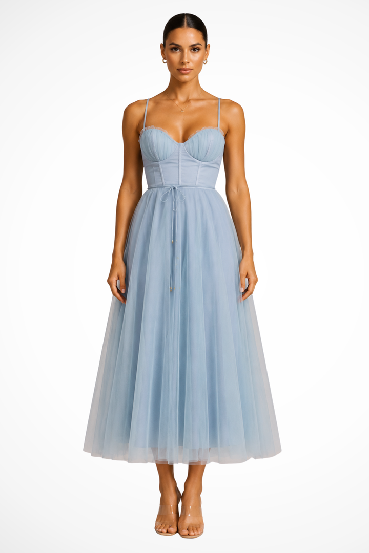 Elise Mode Tule Midi Jurk Corset in Blauw