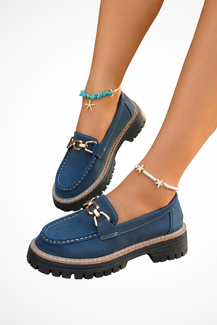 Elise Mode Dames Chunky Loafers met Ketting in Blauw