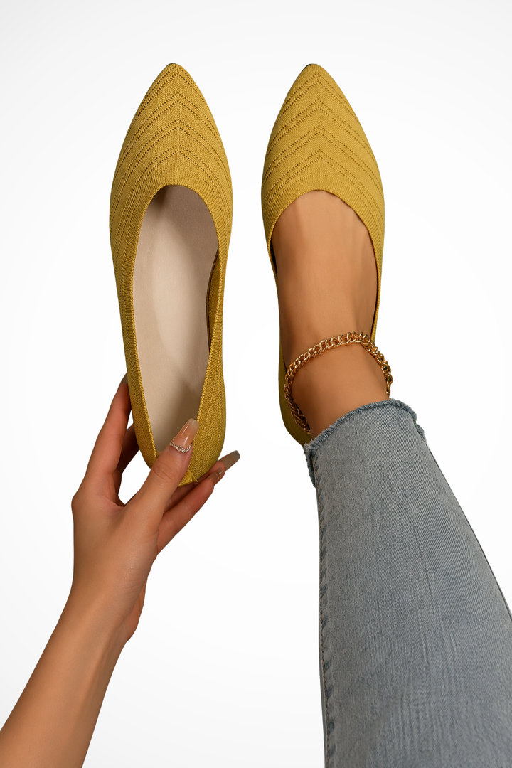 Elise Mode Dames Gebreide Loafers met Puntige Neus in Geel