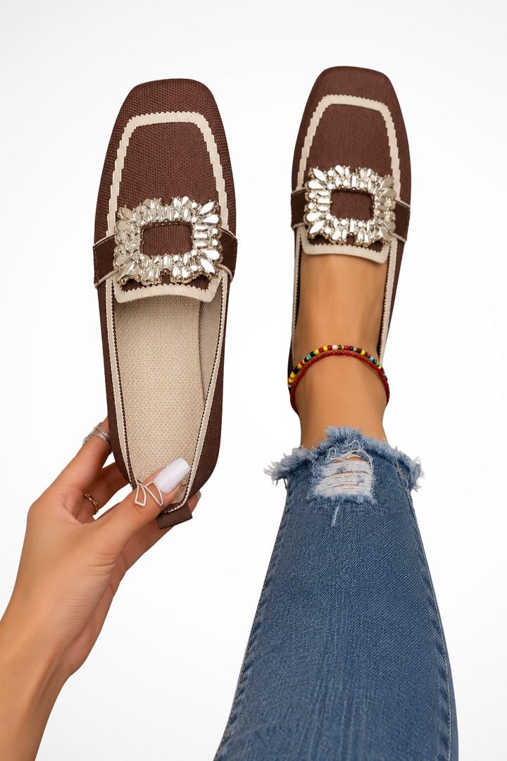 Elise Mode Dames Verfraaide Loafers Vierkante Neus in Bruin