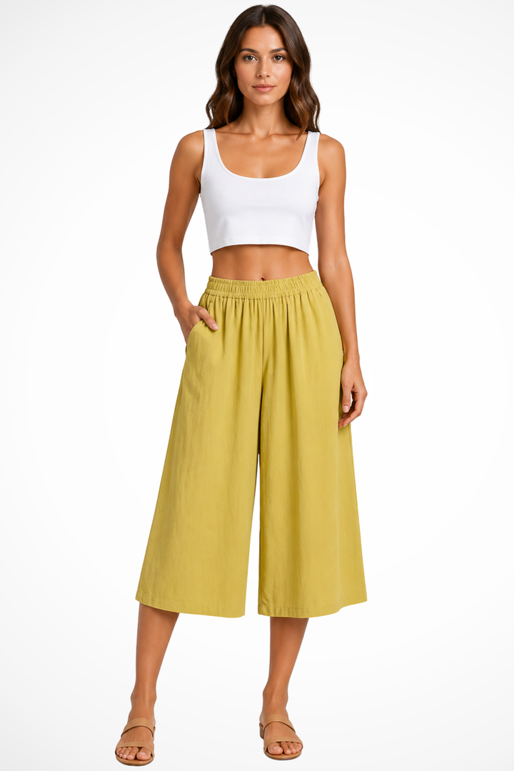 EliseMode Dames Wide Leg Broek Hoge Taille in Geel