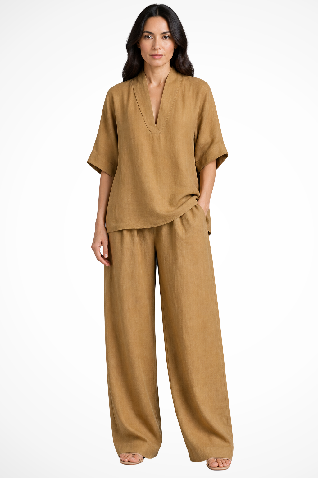 Elise Mode Dames Linnen Co-Ord Set Relaxed in Khaki