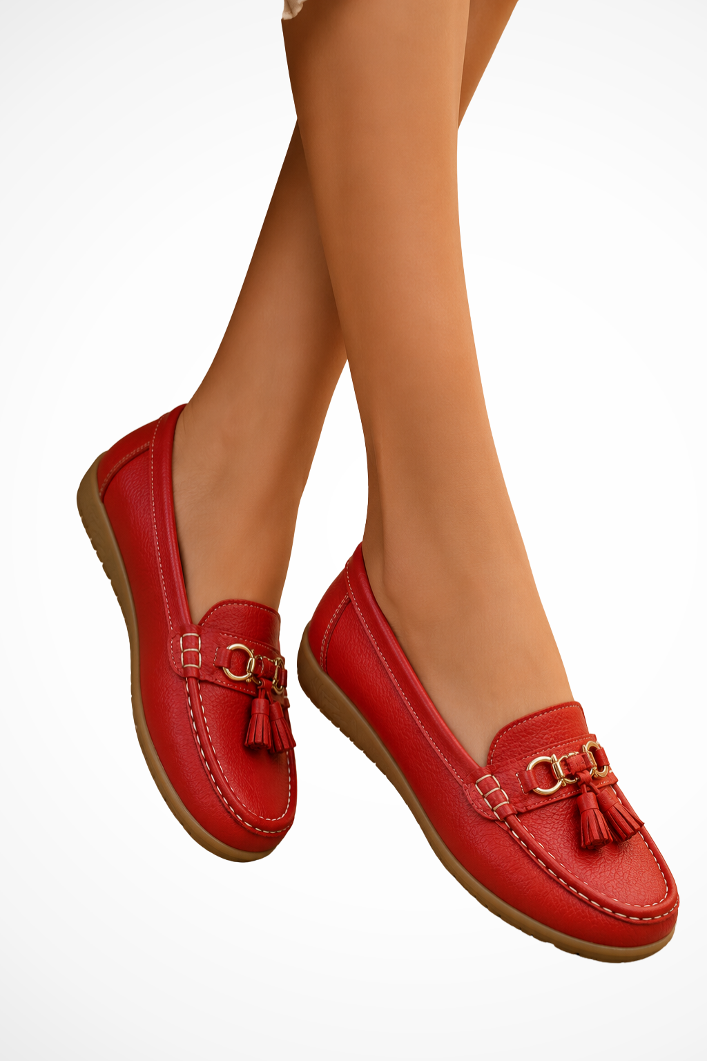 Elise Mode Dames Leren Loafers met Kwastjes in Rood