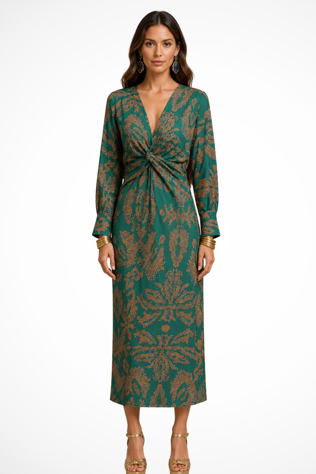 Elise Mode Dames Getailleerde Midi Jurk Print in Groen
