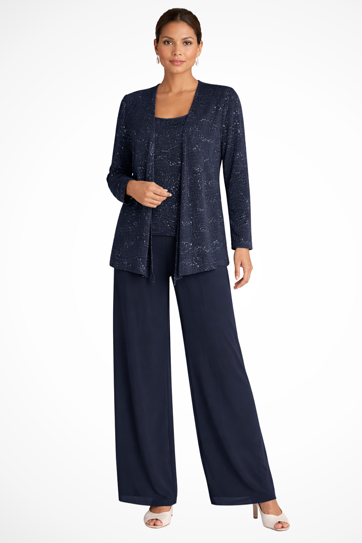 Elise Mode Dames Pailletten Broekpak Getailleerd in Marineblauw
