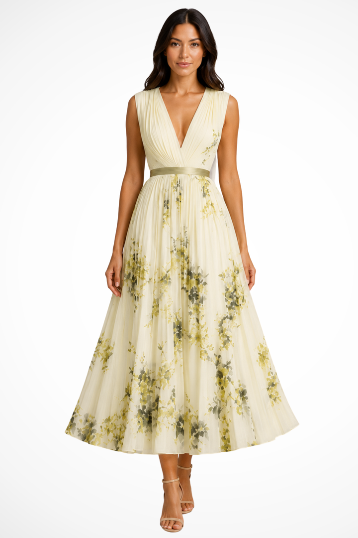 Elise Mode Dames Getailleerde Midi Jurk Bloemenprint in Geel