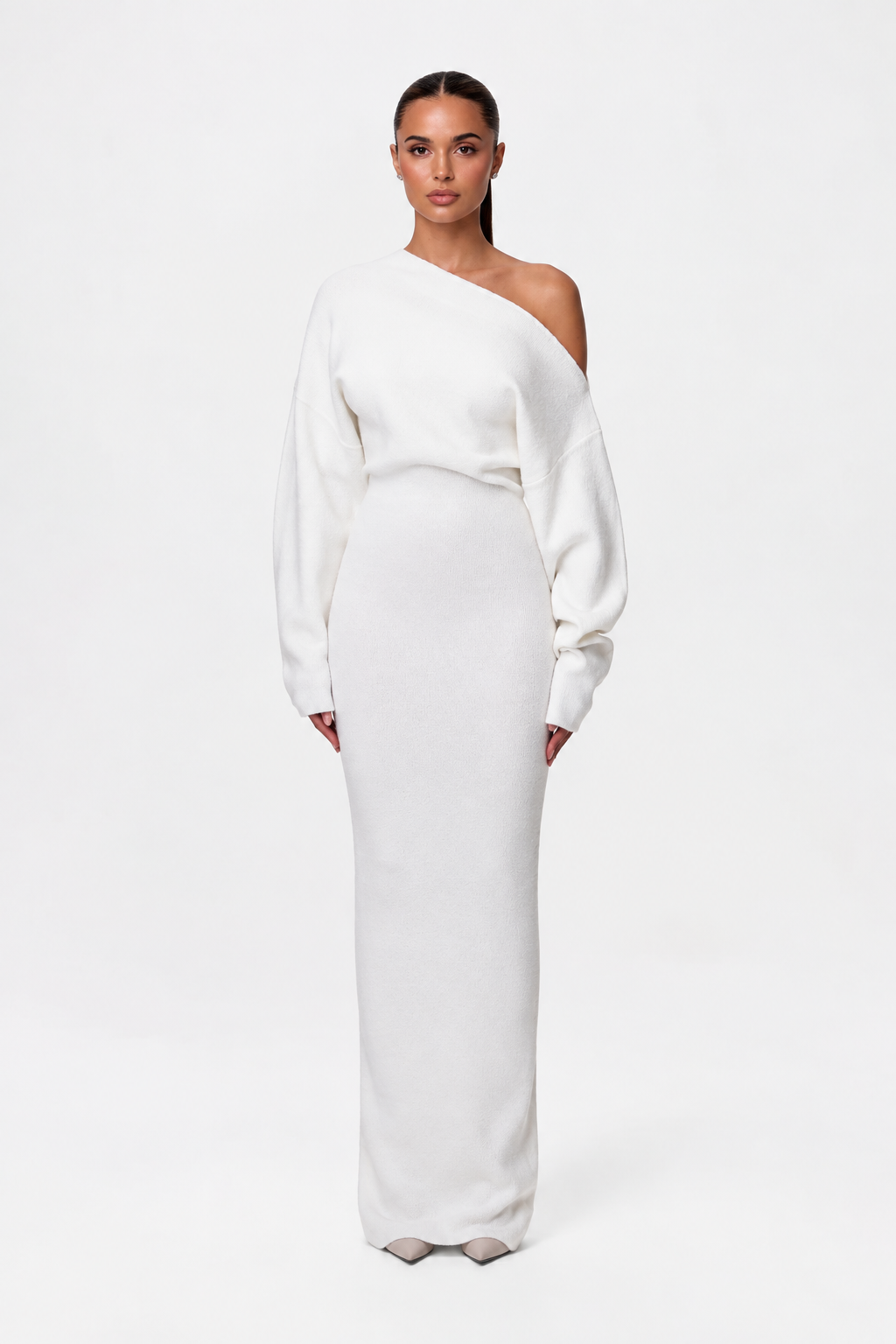 Elise Mode Dames Gebreide Maxi Jurk Off-Shoulder in Wit
