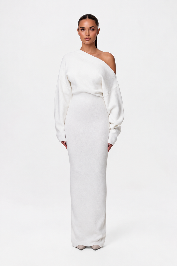 Elise Mode Dames Gebreide Maxi Jurk Off-Shoulder in Wit