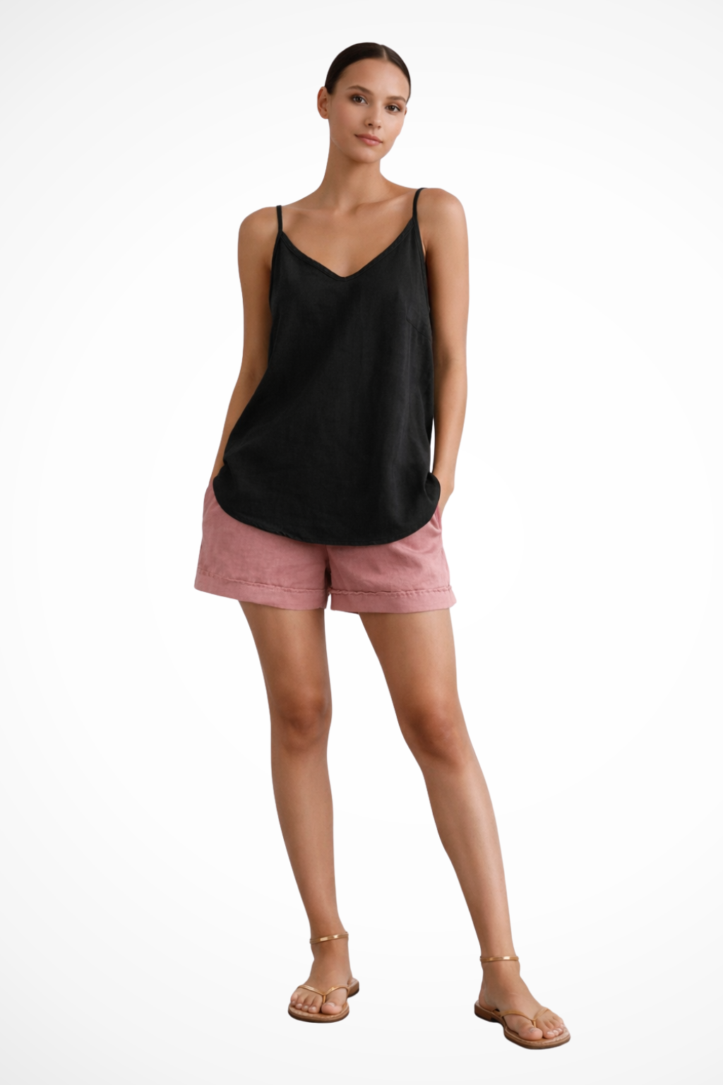 Elise Mode Dames Linnen Cami Top Relaxed in Zwart