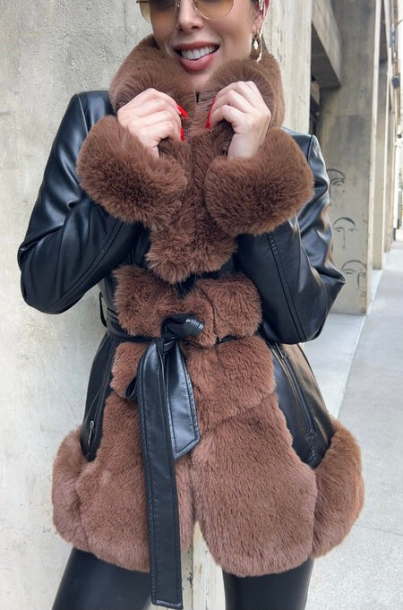 Elise Mode Dames Leren-Look Parka met Bontkraag