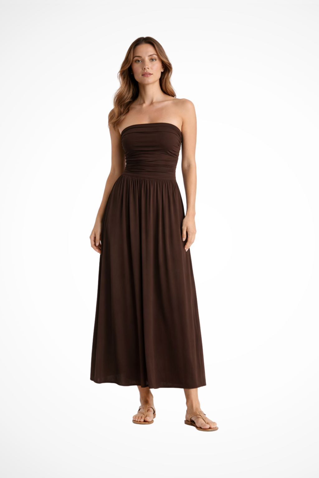 EliseMode Lange Strapless Jurk in Bruin