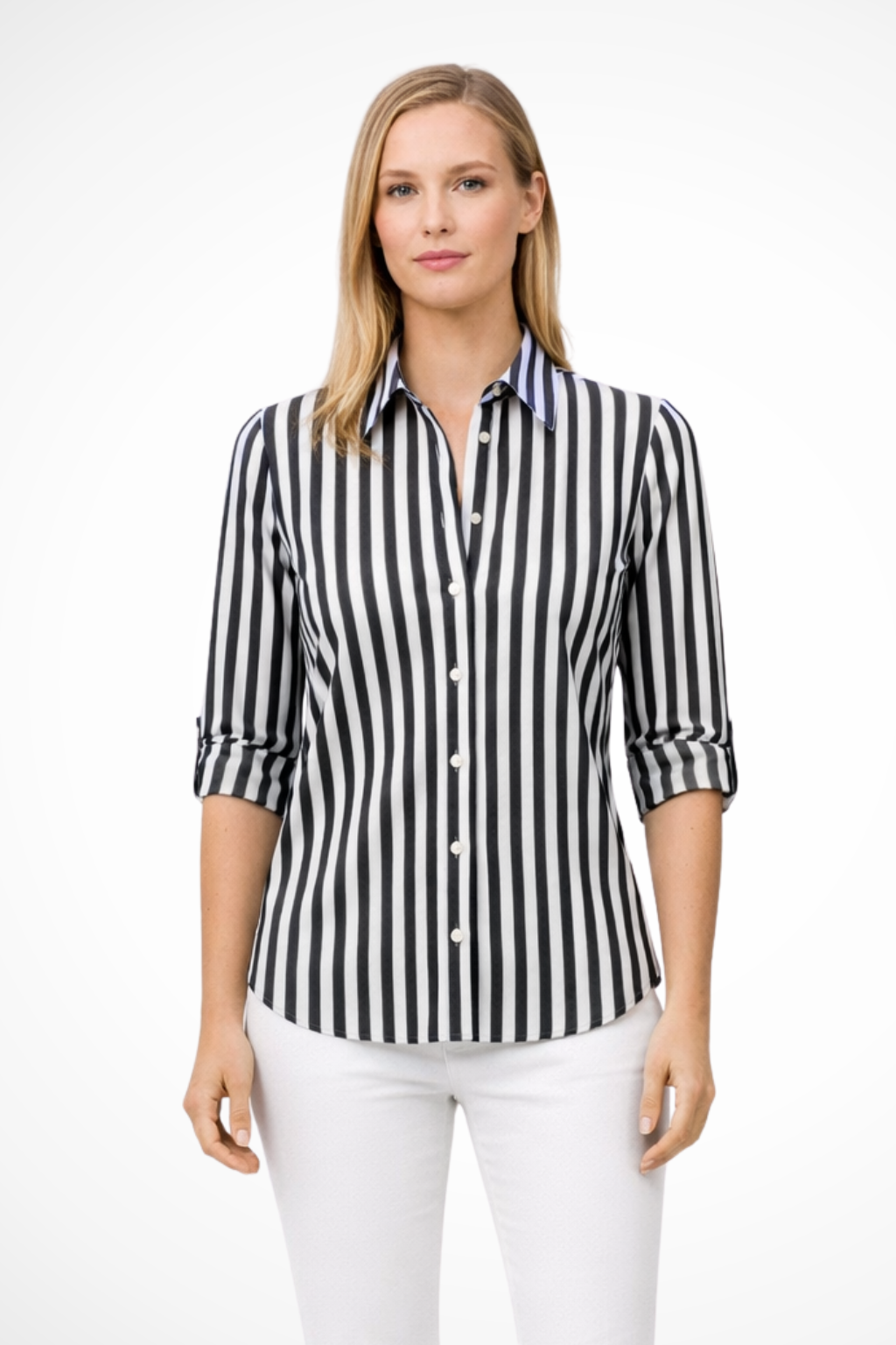 Elise Mode Dames Gestreept Overhemd Slim Fit in Zwart