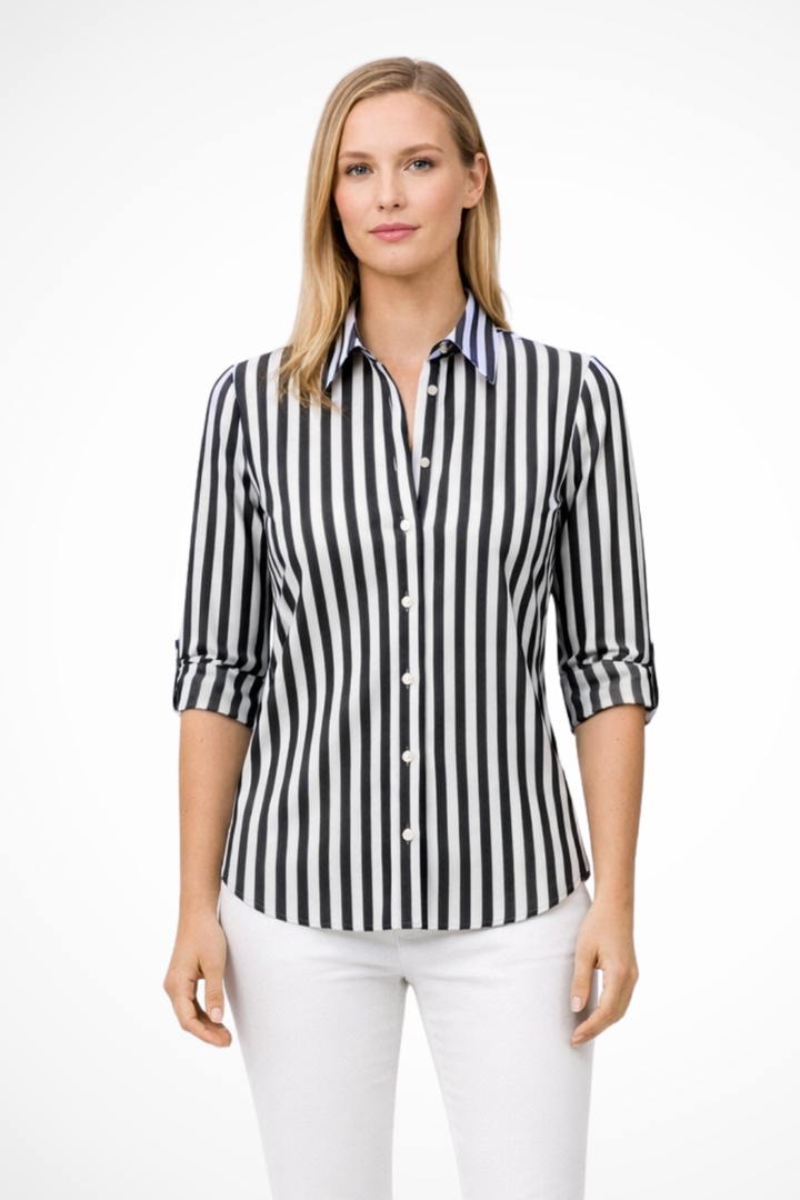 Elise Mode Dames Gestreept Overhemd Slim Fit in Zwart