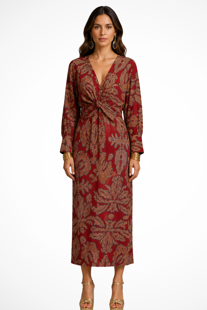 Elise Mode Dames Getailleerde Midi Jurk Print in Rood