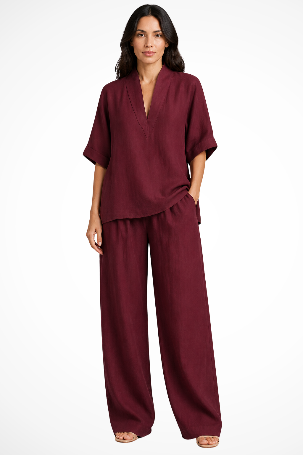 Elise Mode Dames Linnen Co-Ord Set Relaxed in Bordeaux