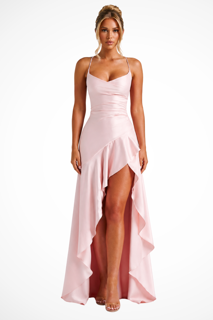 Elise Mode Satijnen Slip Maxi Jurk in Roze