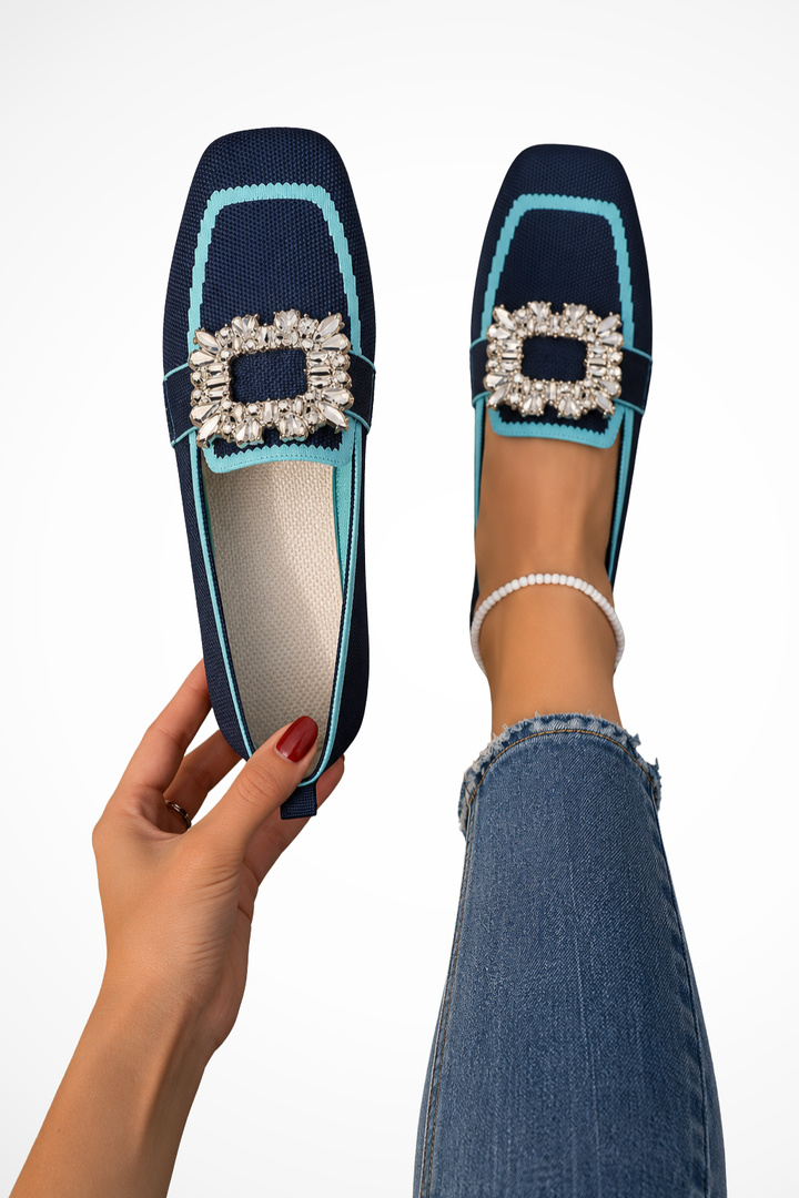 Elise Mode Dames Verfraaide Loafers Vierkante Neus in Blauw