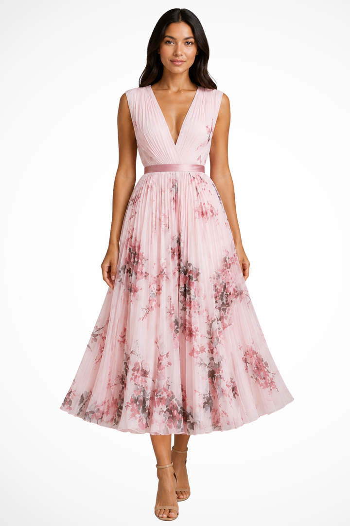 Elise Mode Dames Getailleerde Midi Jurk Bloemenprint in Roze