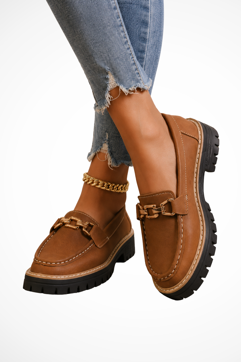 Elise Mode Dames Chunky Loafers met Ketting in Bruin