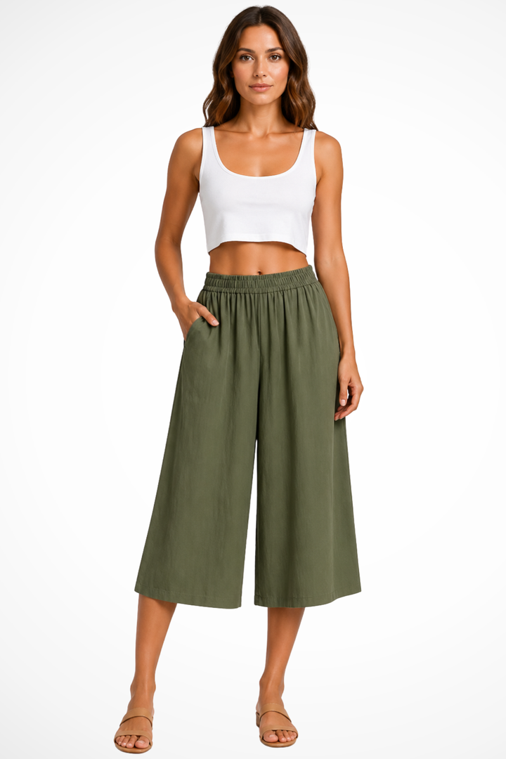 EliseMode Dames Wide Leg Broek Hoge Taille in Groen