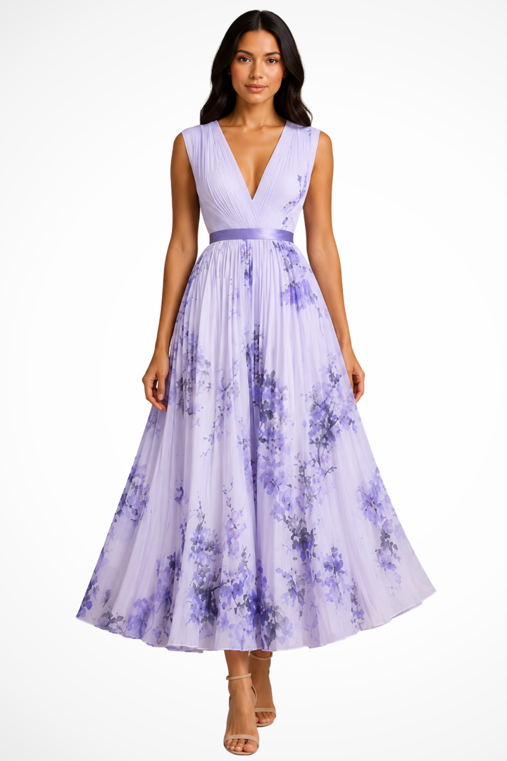 Elise Mode Dames Getailleerde Midi Jurk Bloemenprint in Paars