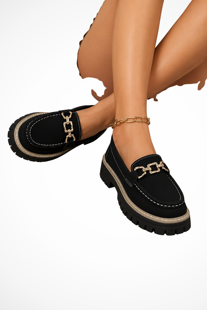 Elise Mode Dames Chunky Loafers met Ketting in Zwart