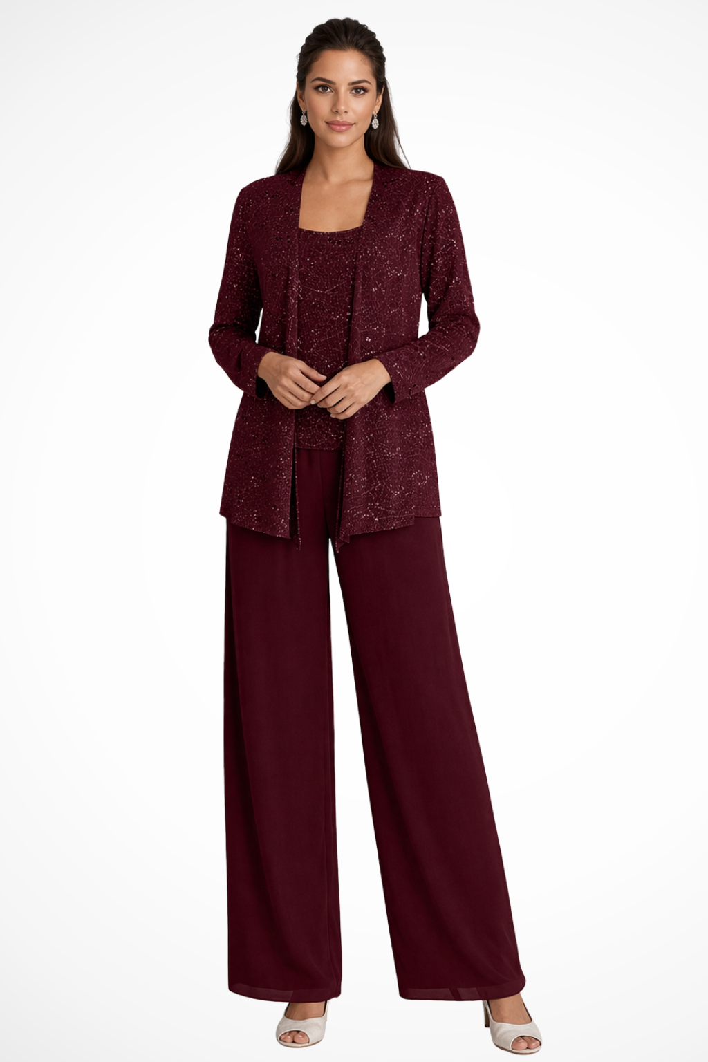 Elise Mode Dames Pailletten Broekpak Getailleerd in Bordeaux