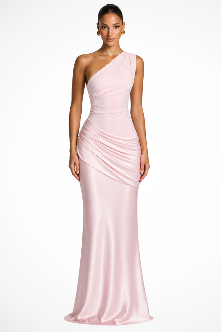 EliseMode One Shoulder Satijnen Jurk in Roze
