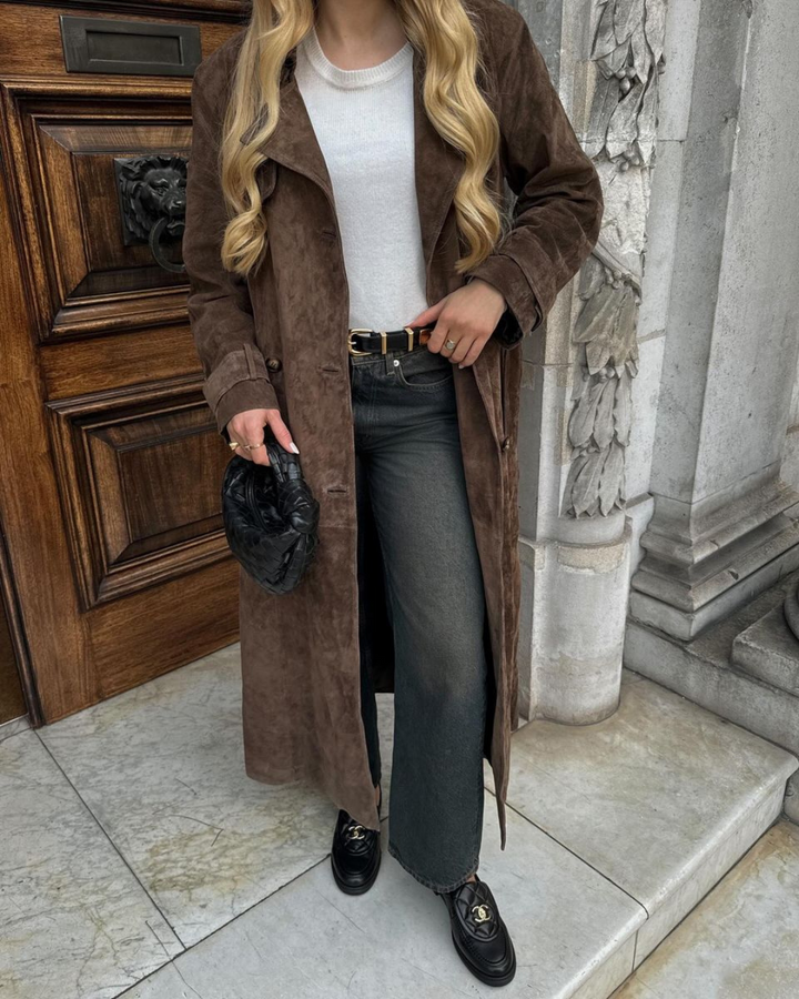 Elise Mode Dames Suède Trenchcoat met Ceintuur